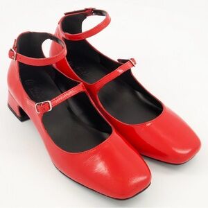 Off The Hook Red Patent Mary Jane Block Heel Pumps with Ankle Strap